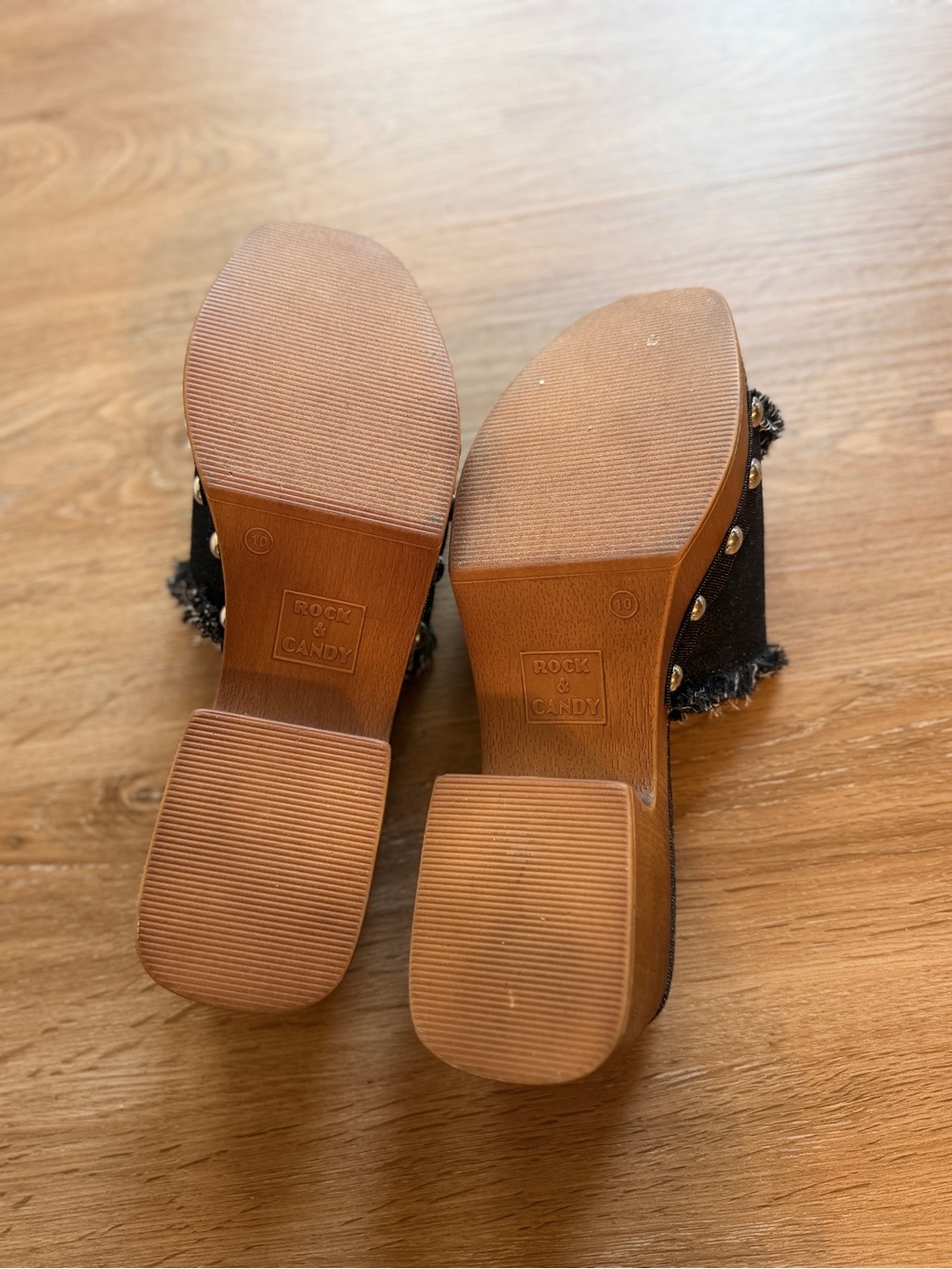 Rock & Candy Black Frayed Denim Y2K Platform Slides 90s Fashion - Picture 2 of 5